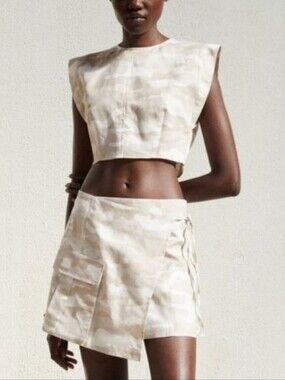 Zara Cotton Linen Camo Matching Set Cream Beige Camo Uriloty Wrap Skirt Crop Top